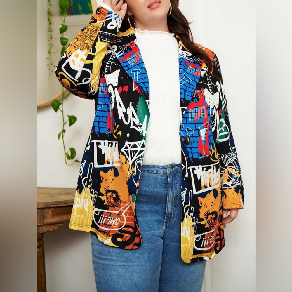 SHEIN Funky Y2K Colorful Graffiti Street Art Abstract Avant Gard Blazer Sz 24/26 - Picture 5 of 9